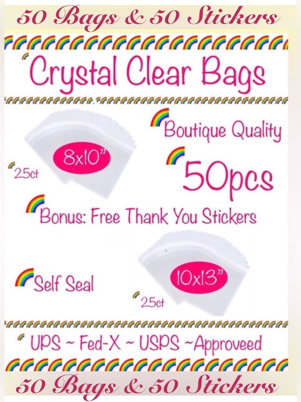 100pc Shipping Supply Bundle ~25ct 8x10” & 25ct 10x13” Bags w/50ct Stickers 🆕